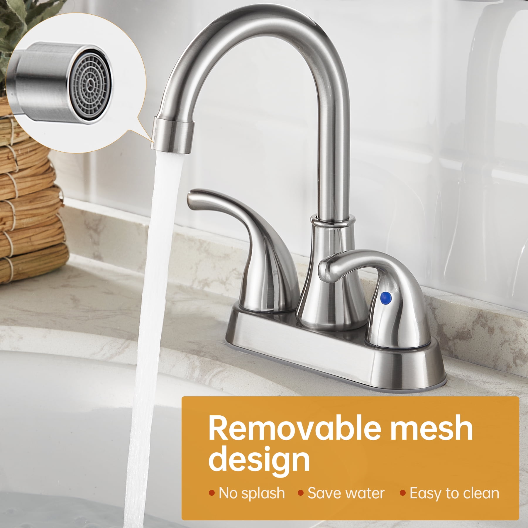 Kede 4 Inch Faucet 2 Handle Bathroom Sink Faucet Lead-Free Brushed Nickel Bath Sink Faucet with Pop-up Drain Stopper and Supply Hoses