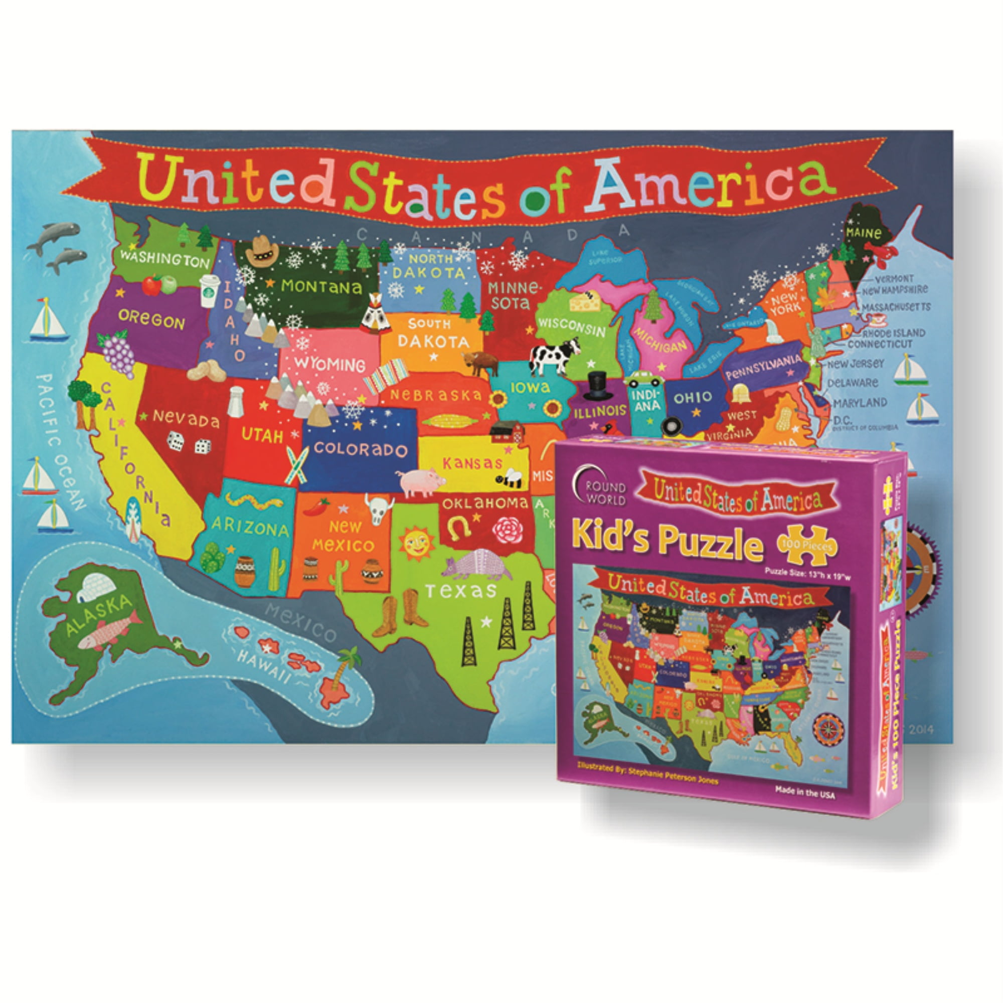 Professor Poplar's Fifty Nifty United States USA Map Wooden Jigsaw Puzzle for sale online 