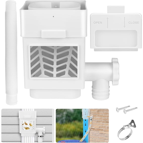 HK Rainwater Collection System, Downspout Diverter Fits for 2"x 3" or 3"x 4" Residential Downspouts, Rain Barrel Diverter Kit with Adjustable Valve and Filter, 5FT Hose, White