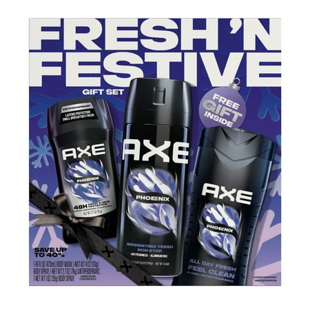 AXE Fresh ‘N Festive Phoenix Holiday Gift Set Mint & Rosemary Body Wash, Deodorant Spray & Antiperspirant Stick, 3 Count