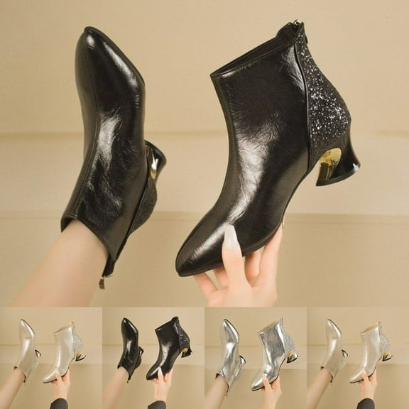 Miluxas Women Ankle Boot Leather and Sequin Bootie Pointed Toe Chunky Low Heel Booties Warm Boots with Zip Silver 9.5(43)