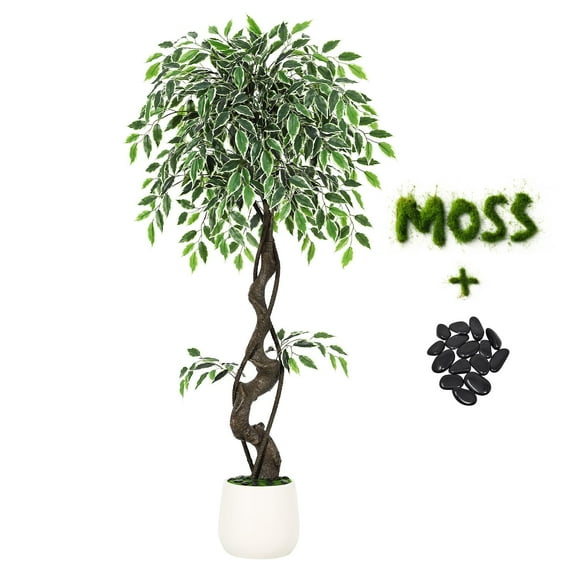 Ataucjin 4FT Artificial Ficus Tree,Faux Floor Tree White Imitation Ceramic Planter, Indoor Outdoor Lifelike Fake Ficus Tree with Pebbles & Green Fake Moss for Office Home Decor