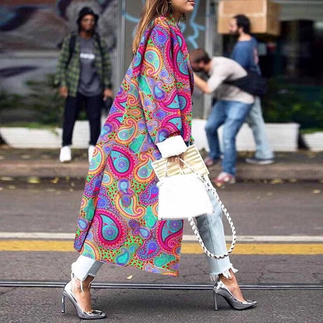 Women Color Block Lapel Printed Trench Coat Double-faced Woolen Coat Jacket