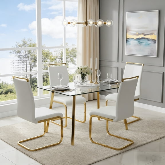 StnTalk 51" Glass Dining Table Set for 4, Luxury Rectangle Tempered Glass Kitchen Table with 4 White PU Leather Chairs, Gold Metal Legs Modern Dining Room Set for Apartment & Home