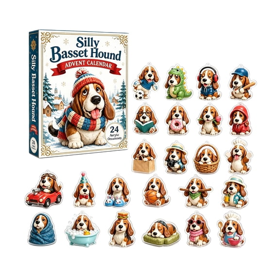 2026 Basset Hound Themed Christmas Advent Calendar, 24 Day Countdown Calendar with 2D Acrylic Ornaments - Novelty Holiday Home Room Decor Gifts for Dog Lovers Family Winter Holiday Celebrations
