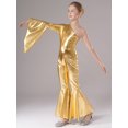 thumbnail image 4 of YIZYIF Kids Girls Metallic Bell Bottoms Jumpsuit One Shoulder Flare Sleeve Dance Bodysuit Party Disco Costume Gold 6, 4 of 7