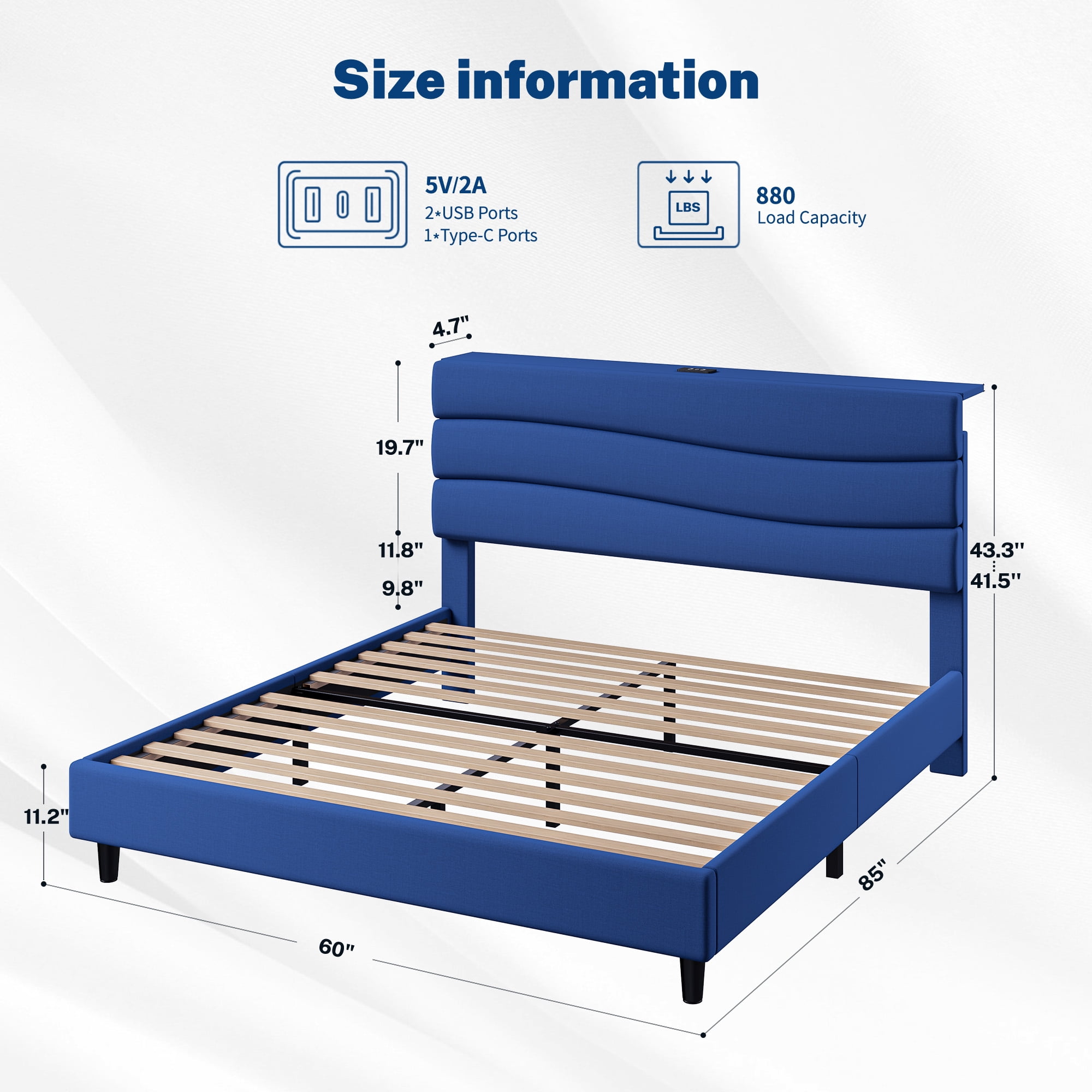 EnHomee Upholstered Bed Frame with Adjustable Headboard Queen Size Bed Frame with Charge Station & Storage, Navy Blue, No Box Spring Needed, Noise Free
