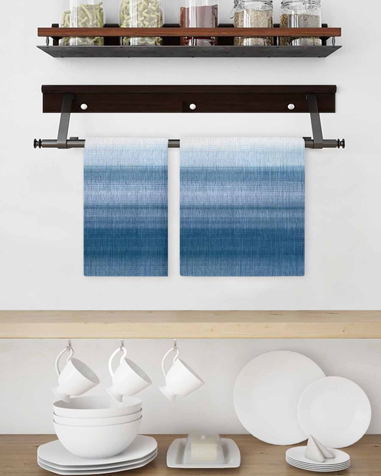 Haze Blue White Ombre Kitchen Dish Towels for Drying Dishes Set of 3, Vintage Gradient Striped Aesthetics Waffle Weave Microfiber Terry Hand Tea Bathroom Towels Quick Dry & Absorbent Towel 15.7x23.6