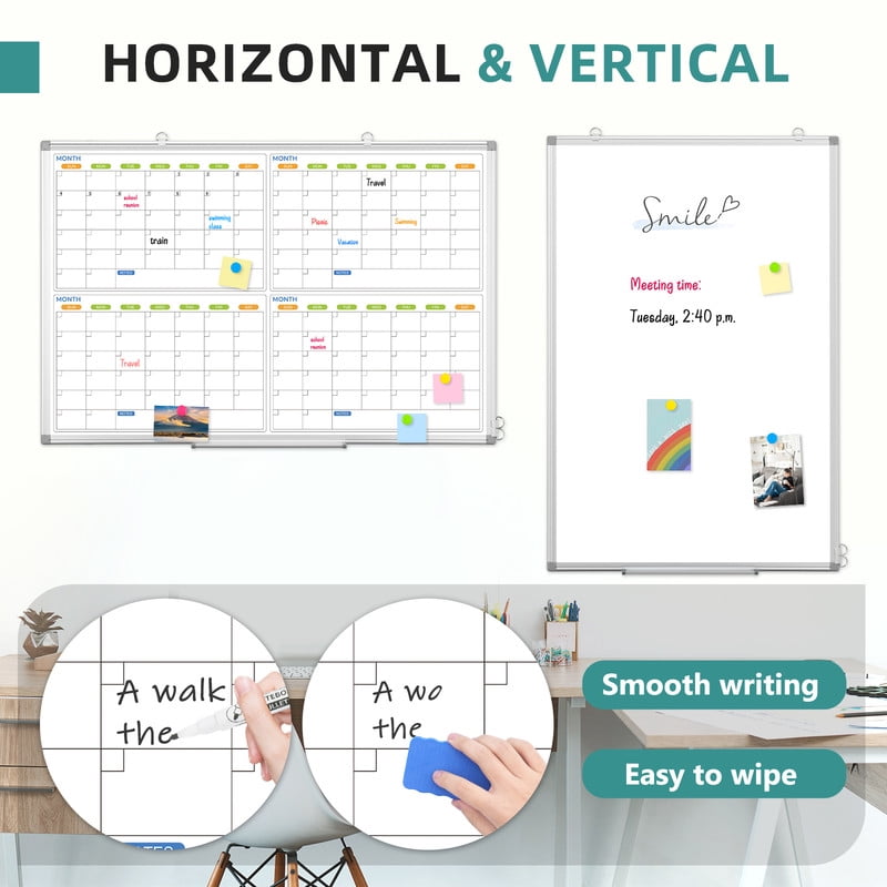 DOLLAR BOSS Large Whiteboard Calendar 48"x36" Dry Erase Board for Wall 4 Monthly Calendar Whiteboard Magnetic White Board Calendar Planner Schedule Board Supplies for Office Home School, White Frame