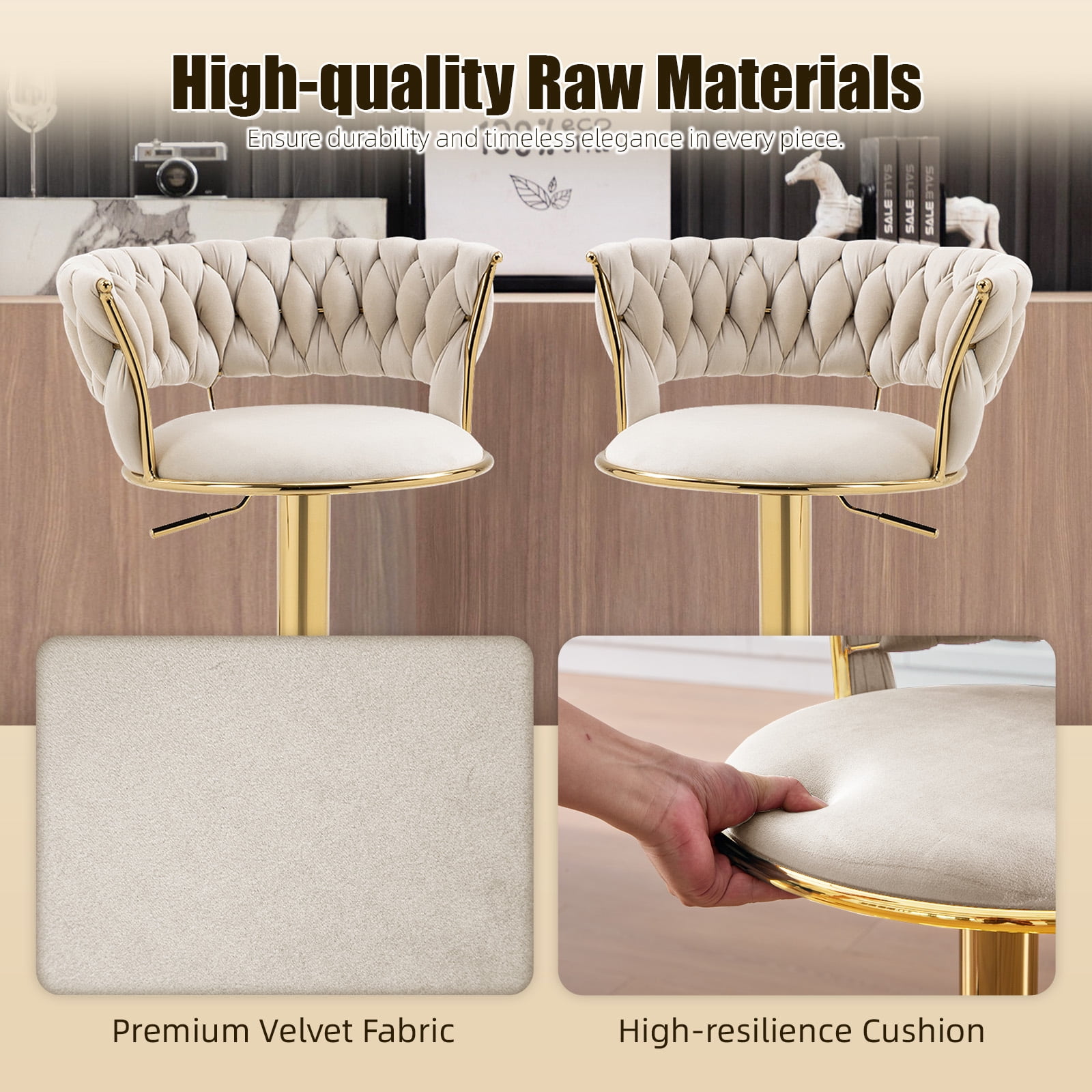 MOONMISS Velvet Upholstered Adjustable Height Swivel Armless Bar Stools with Golden Footrest(set of 2)-Ivory