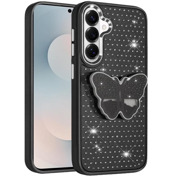 XPM for Samsung Galaxy S26 Phone Case, Butterfly Moveable Grip 3D Pop Stand Full Diamond Bling Sparkling TPU Fashion Hybrid Cover for Samsung s26 (Black)