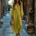 thumbnail image 2 of Lenpel Jumpsuits for Women Long Sleeve Wrap Deep V Neck Wide Leg Long Pants One Piece Belted Casual Rompers One Piece Outfits(Yellow,XX-Large), 2 of 7