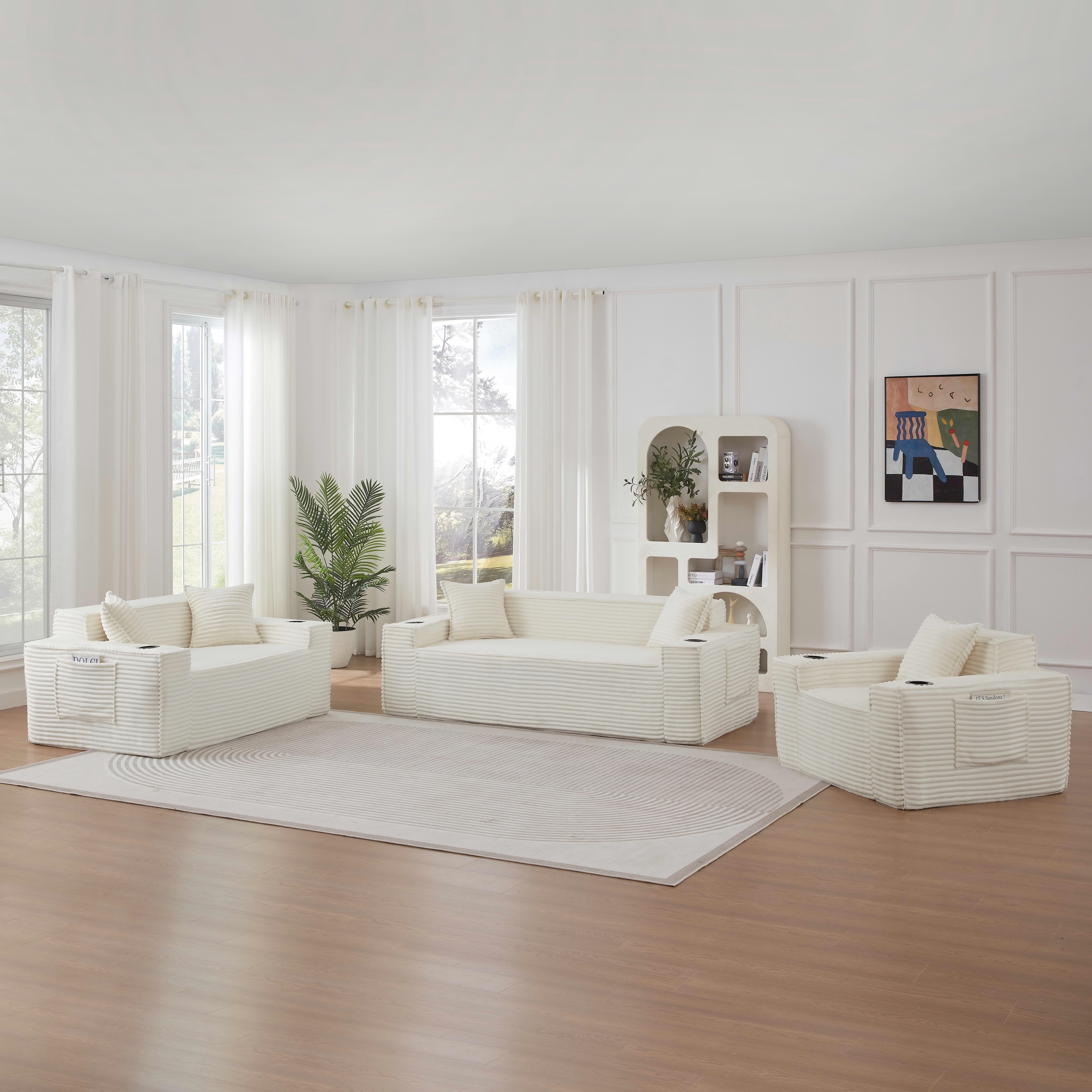 MAYEERTY Minimalist Corduroy Boneless Couch with Side Pockets & Cup Holders for Compact Living Room, White