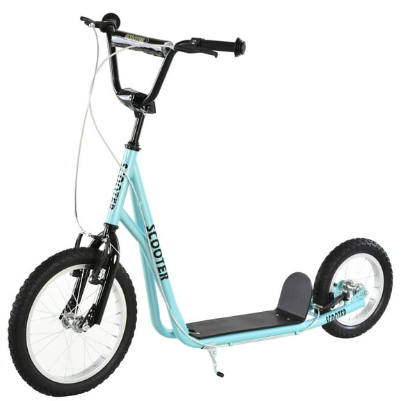 Kids Bike Aosom Youth Scooter, Teens Kick Scooter, Adjustable Handlebar Ride On Toy for 5  with 16" Front and 12" Rear Dual Brakes Inflatable Wheels, Blue,Boys Bike