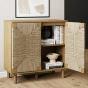 Nathan James Beacon Accent Cabinet with Seagrass Doors and Adjustable Shelf, Light Wood
