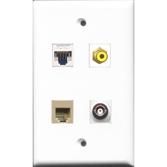RiteAV 1 Port RCA Yellow and 1 Port Phone RJ11 RJ12 Beige and 1 Port BNC and 1 Port Cat5e Ethernet White Wall Plate