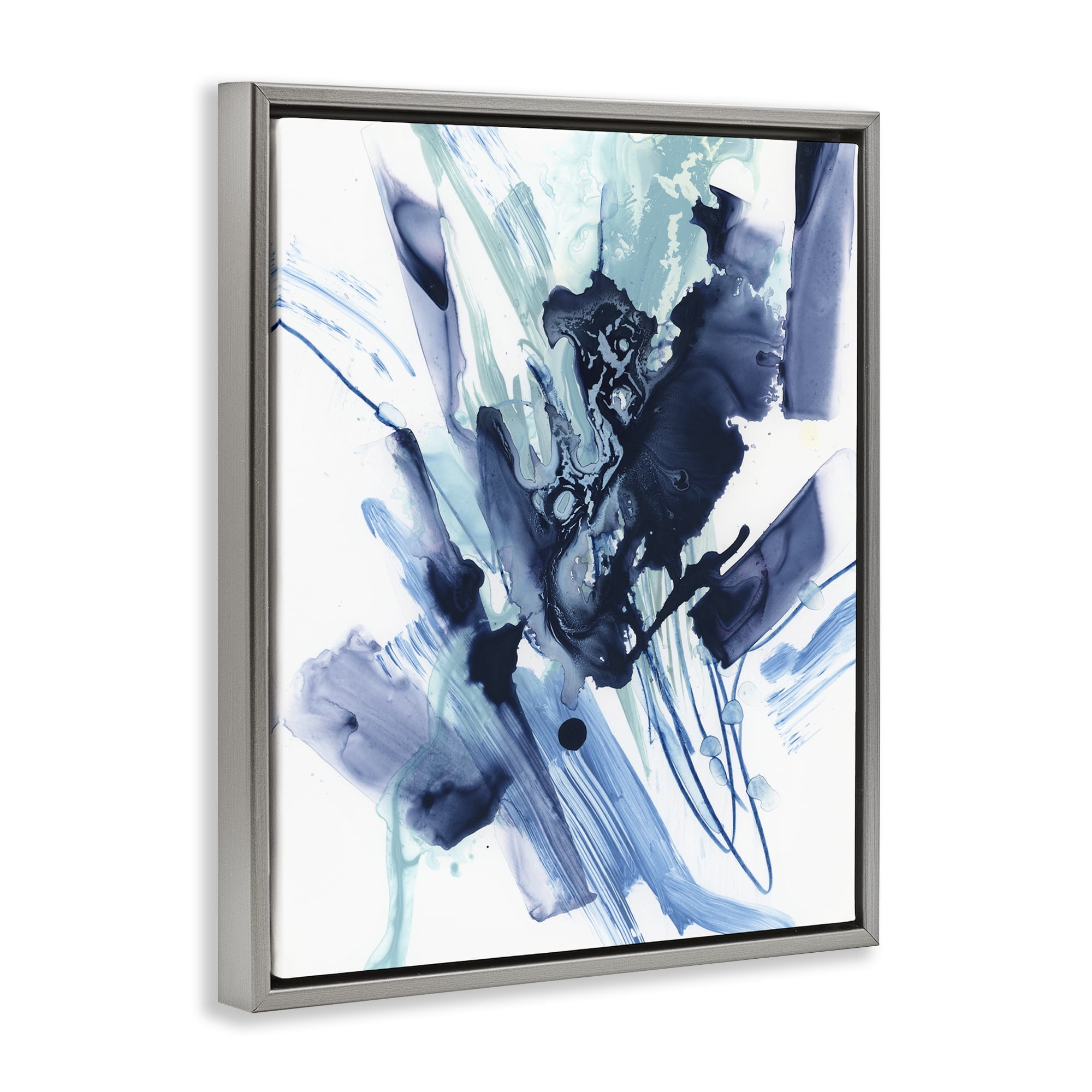 Stupell Industries Restless Blue Splash Abstract Painting Gray Floater Framed Canvas Art Print Wall Art, 25 x 31