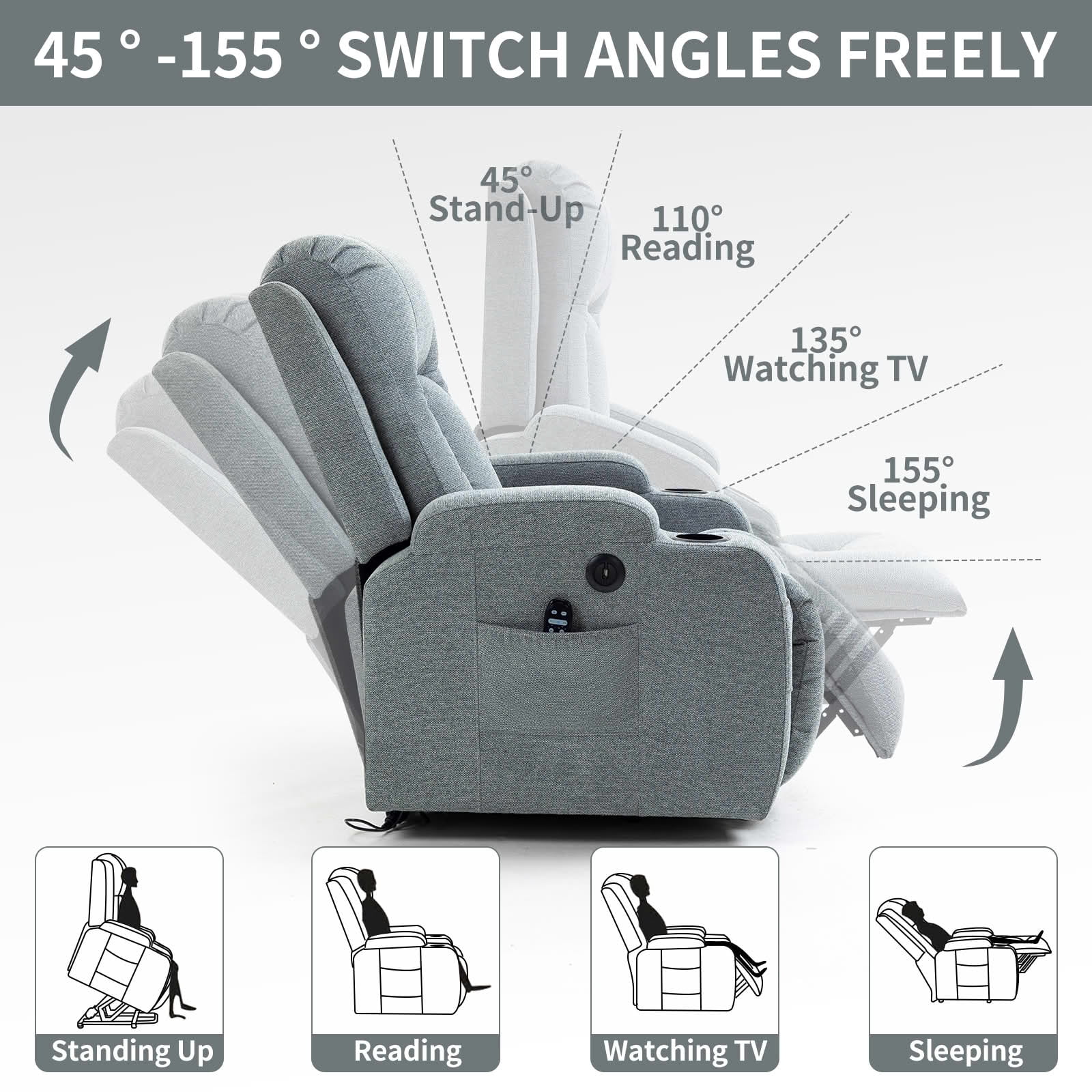 MAYEERTY Gray 350 lbs Single Motor Power Lift Recliner Chair, 8-Point Massage Heat USB Cup Holders for Elderly Living Room