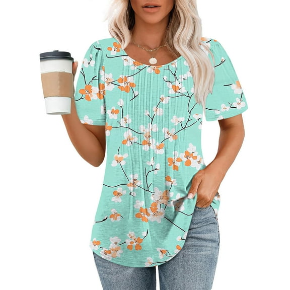 Munlar Mint Green Tops for Women 3/4 Sleeve Tunic Spring 2025 Loose Floral Crew Neck front Pleated Blouses M