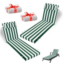 Outdoor Lounge Chair Cushion, 72×21 in Waterproof Patio Replacement Cushions with Headres, 3 in High-Density Sponge for Lawn Pool （2pc, Green white stripes）