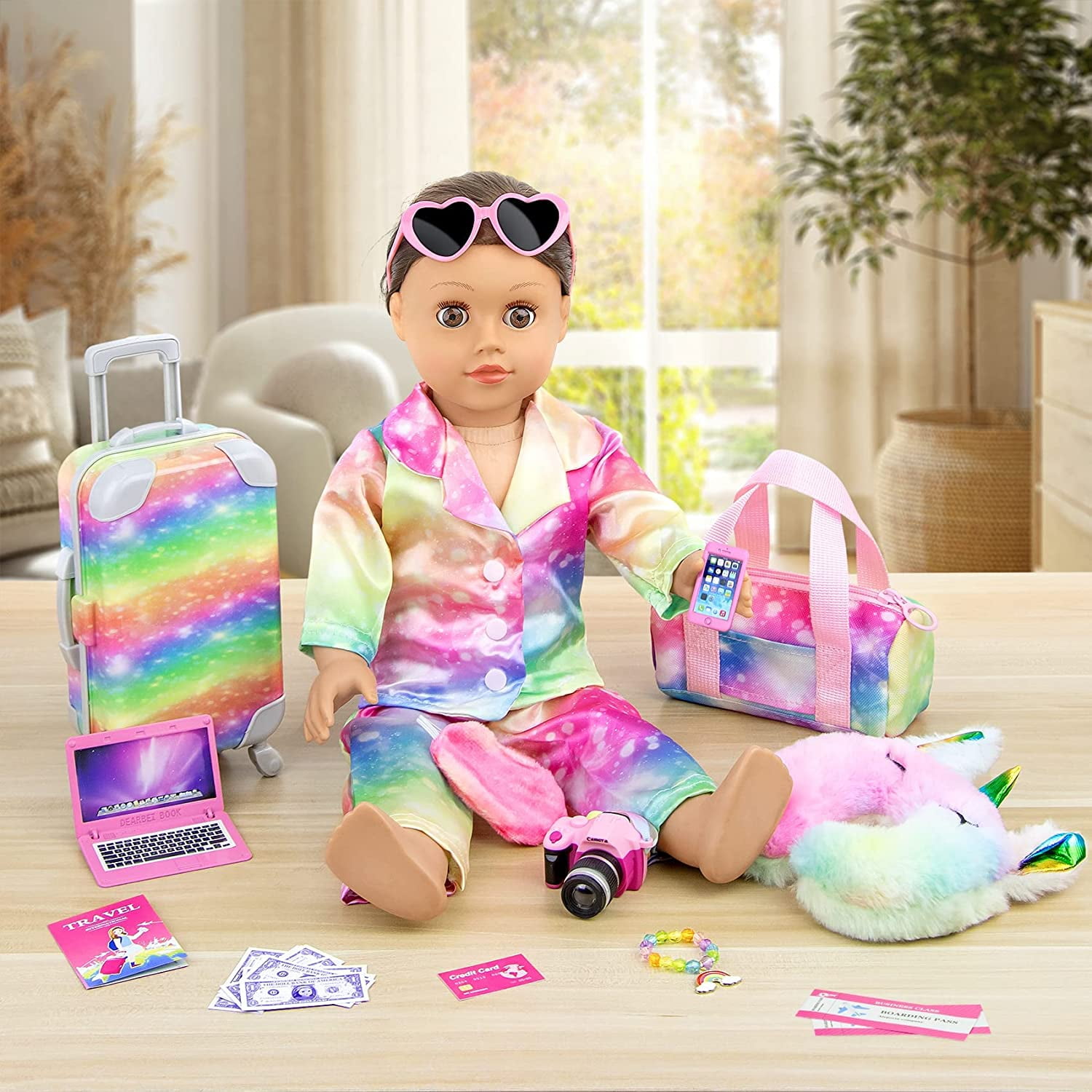 18 Inch Doll Accessories Play Travel Set - 16 Pcs Suitcase Luggage Carrier  with Sunglasses, Passport, Tickets, Camera, and More, Beverly Hills Doll