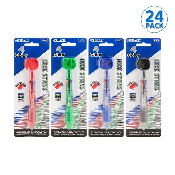 BAZIC 4-Color Ballpoint Neck Pen w/ Soft Grip, 1.0 mm, (1/Pack), 24-Pack