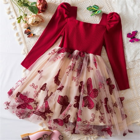 HOMADLES Toddler Girls Dress Crewneck Bow Long Sleeve Kid Girls Clothing Leisure Breathable Soft Layered Performance Dress Red 5 T