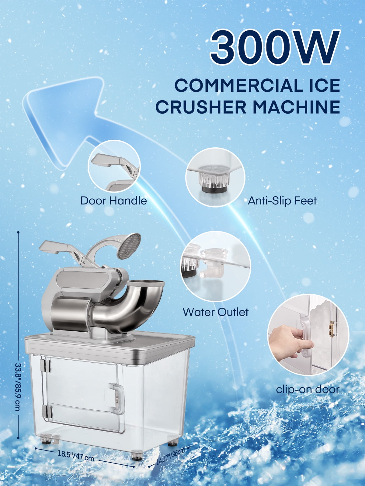Ice Crusher 660LBS/H with Dual Blades, ETL Approved 300W Electric Snow Cone Machine with Safety On/Off Switch, FOHERE