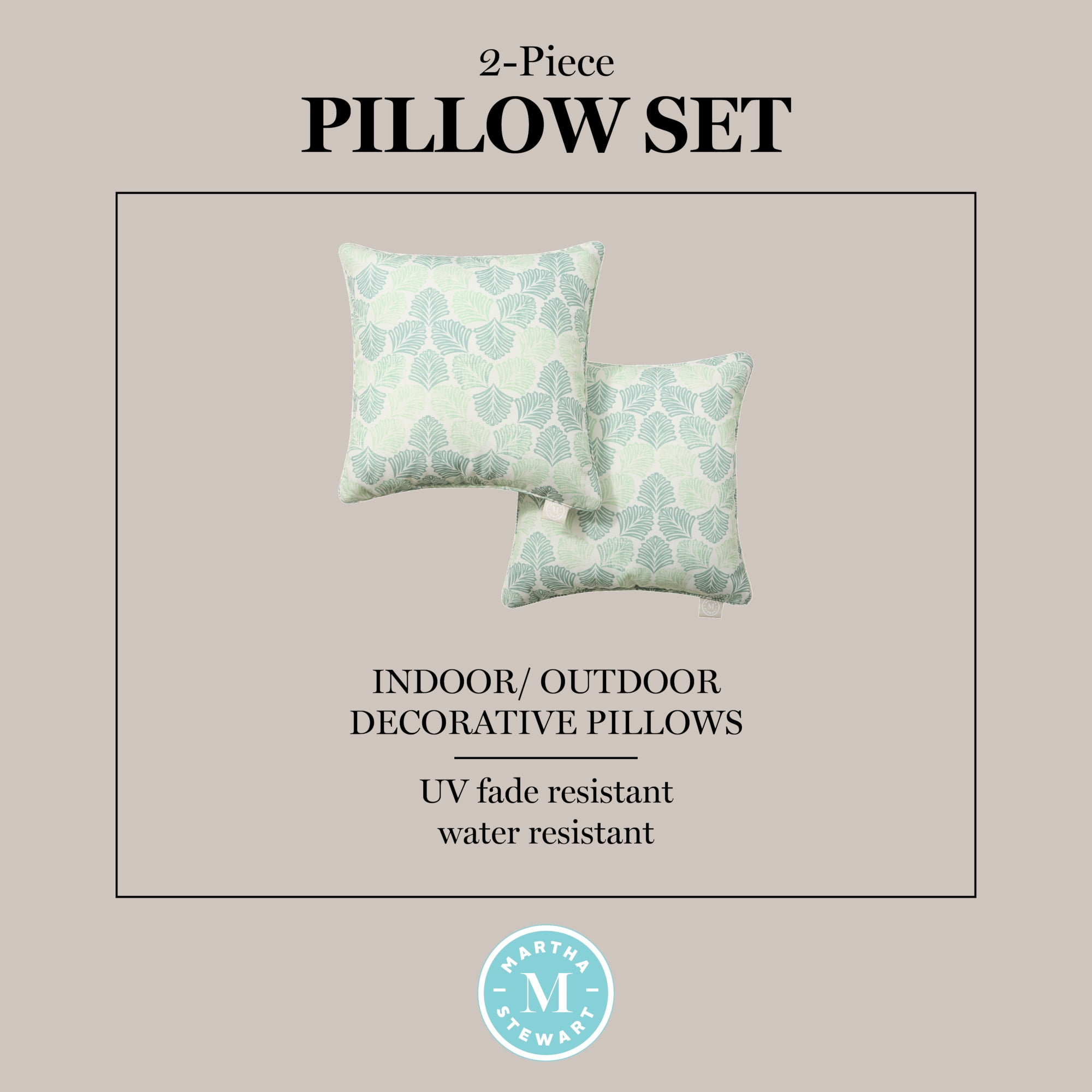 MARTHA STEWART Modern Banana Leaves Indoor Outdoor Decorative Pillow 2-Pack Set, UV Fade Resistant, Water Repellent, Printed Tropical Design, Green, 18"x18"