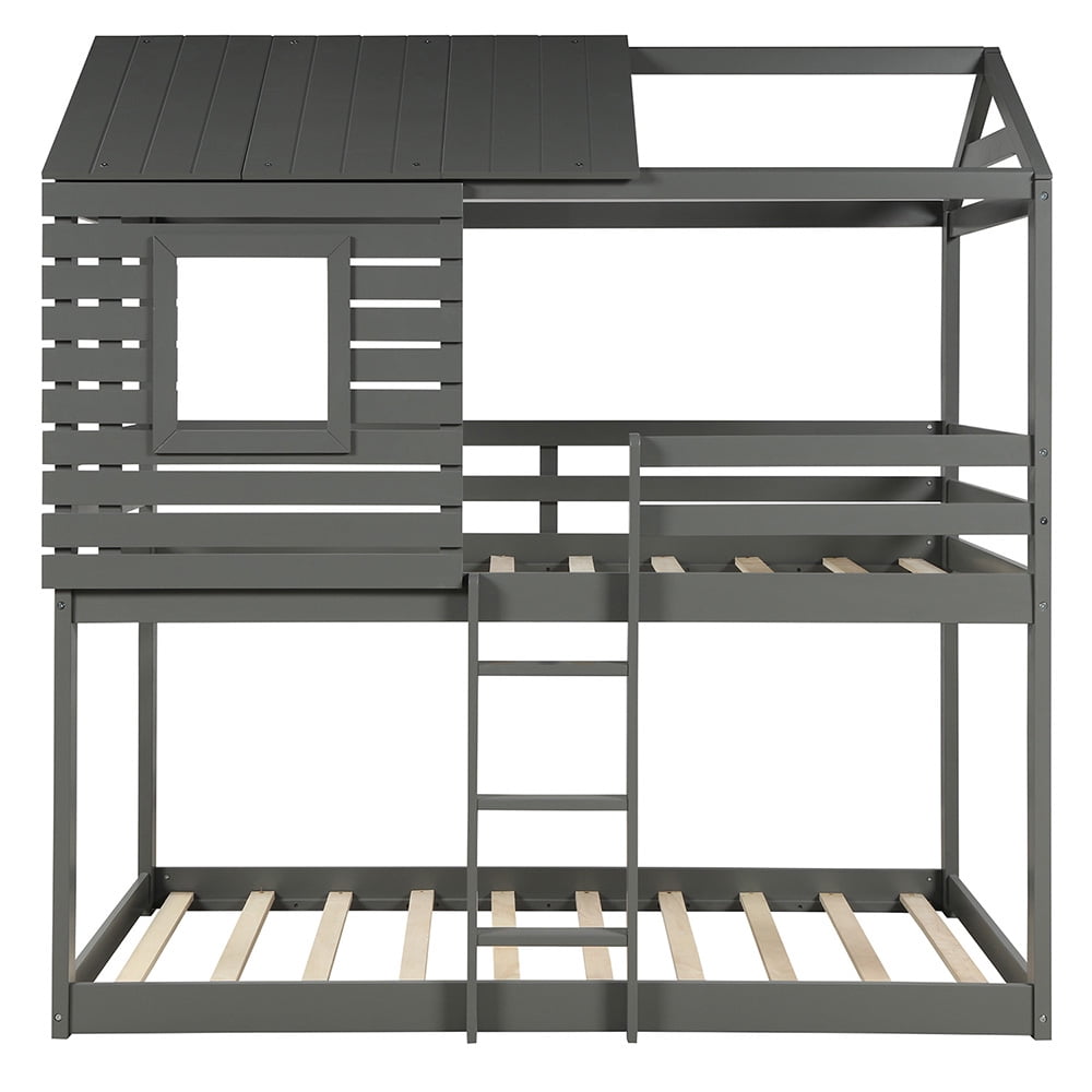 Kepooman Twin Over Twin Wood Bunk Bed with Roof & Window & Guardrail & Ladder for Kids, 77.8"L x 41"W x 83.1"H, Gray Kepooman Twin Over Twin Wood Bunk Bed with Roof & Window & Guardrail & Ladder for Kids, 77.8"L x 41"W x 83.1"H, Gray