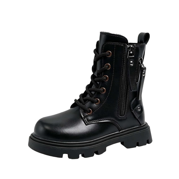 Abomasnow Kids Faux Leather Lace Up Ankle Boots Side Zipper Metal Rivet Hardware Decor Round Toe Thick Outsole Heel Pull Tab Short Boots for Boys Girls Outdoor Play And Fall Winter Daily Outfits