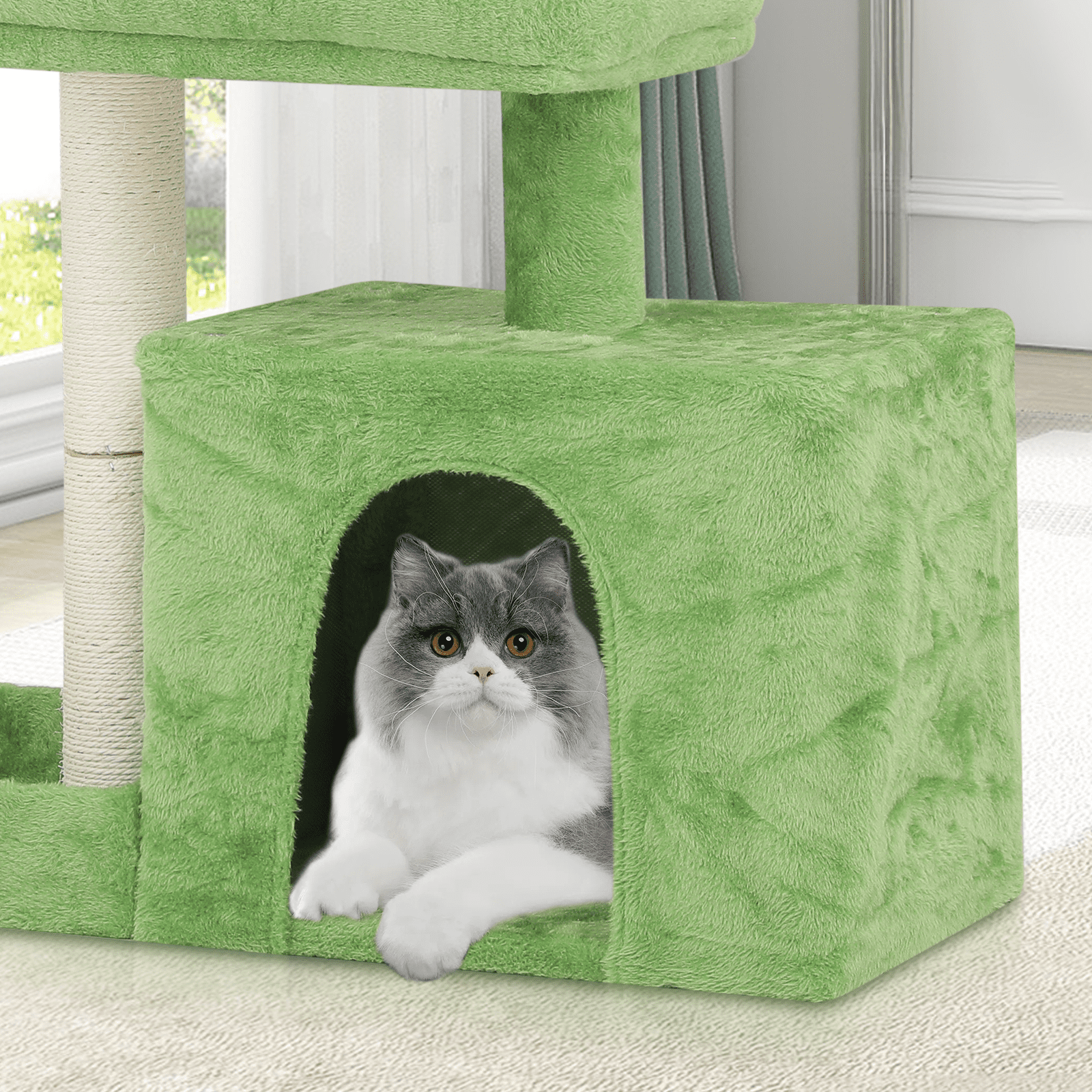 MoNiBloom 32" Cat Tree Tower with Leaf Design, Scratching Posts, Perch, Cat Cave and Hanging Ball for Indoor Cats, Lawn Green