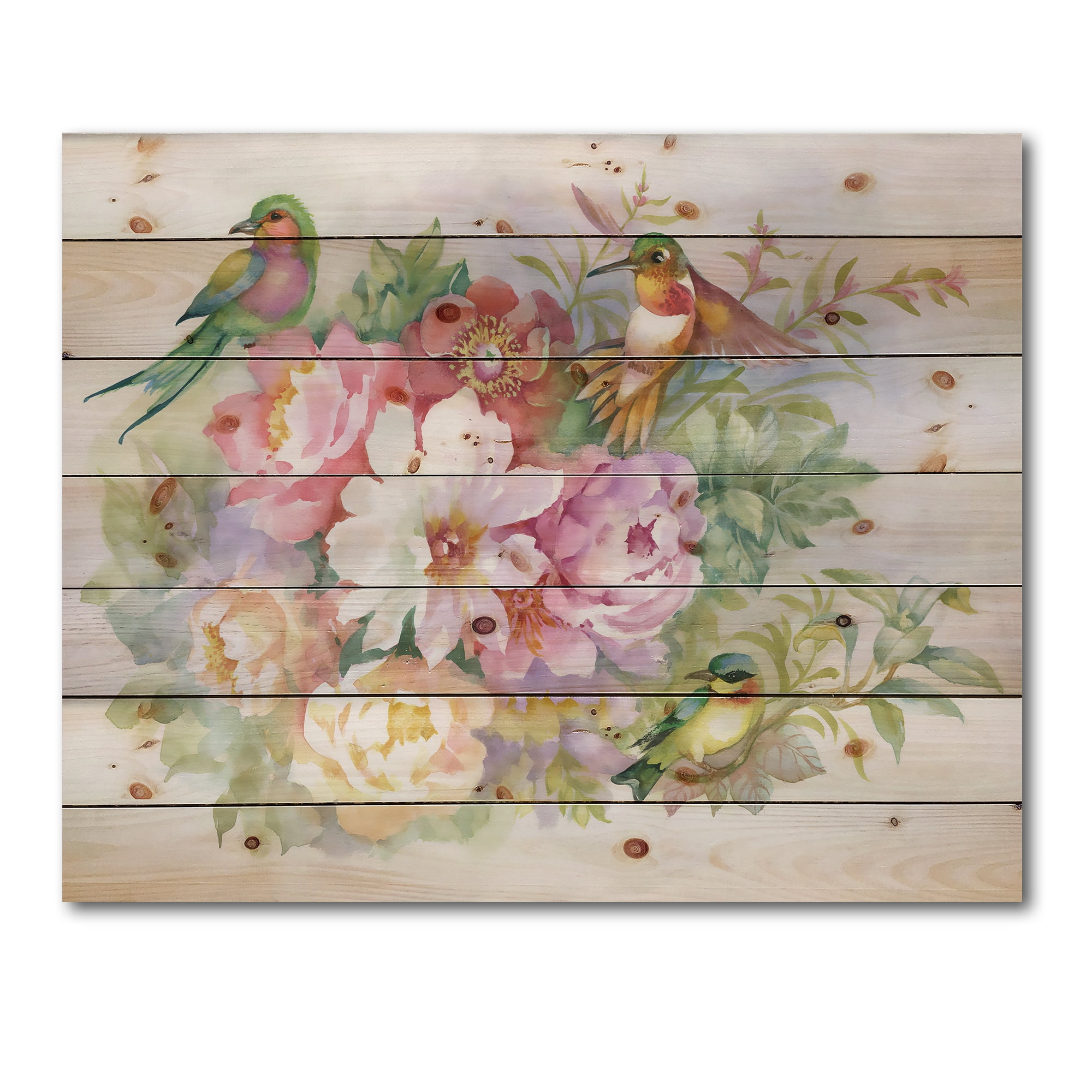 Designart 'Colourful Birds and Vibrant VIntage Flowers' Traditional Print on Natural Pine Wood