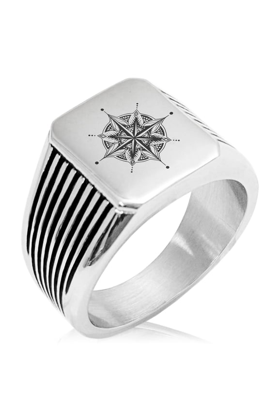 Stainless Steel Nautical Mandala Lotus Compass Needle Stripe Pattern Biker Style Polished Ring