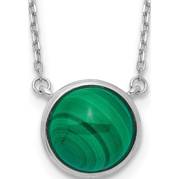 Sterling Silver Rhodium-Plated Round Malachite Cabochon Necklace (17.5 X 0.5) Made In China qg5472-17.5