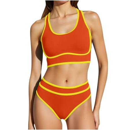 Oplxuo Women s High Waisted Bikini Sets Sporty Two Piece Swimsuits Color Block Cheeky High Cut Bathing Suits