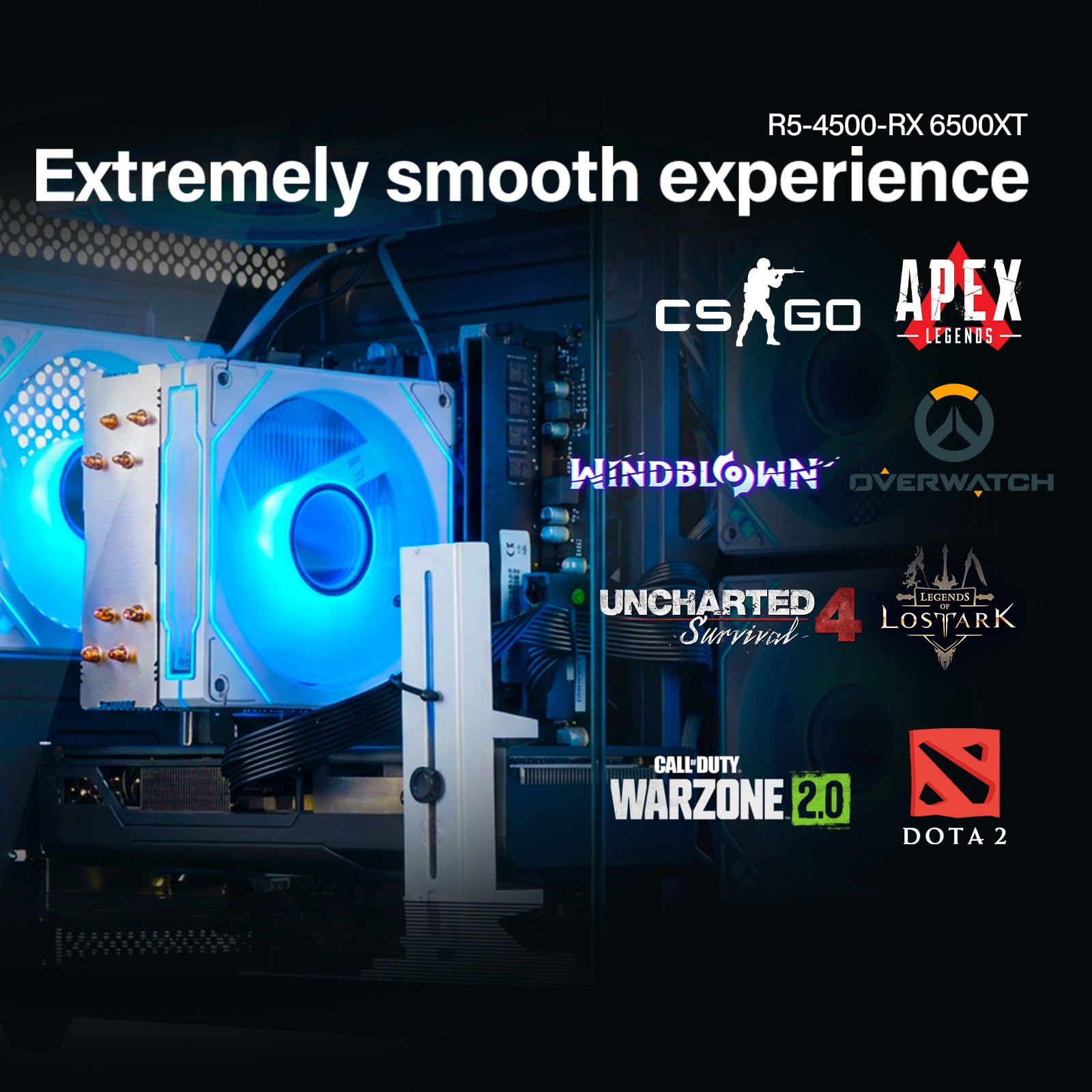 WIWB Gaming PC, Ryzen 5 4500, RX 6500 XT 4GB, 16GB DDR4, 512GB SSD, A520 Motherboard, WiFi 6