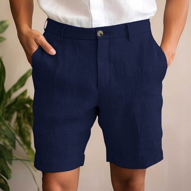 pstuiky Pantalones cortos de gimnasio, Pantalones cortos casuales de lino con bolsillos y botones con cremallera para hombre, de color liso Pantalones cortos cargo