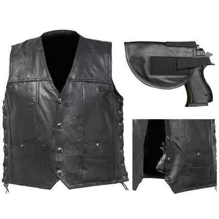 Biker Vest Concealed Carry Lace-Up Buffalo Leather Motorcycle CCW w/ Gun Holster (Best Motorcycle Airbag Vest)
