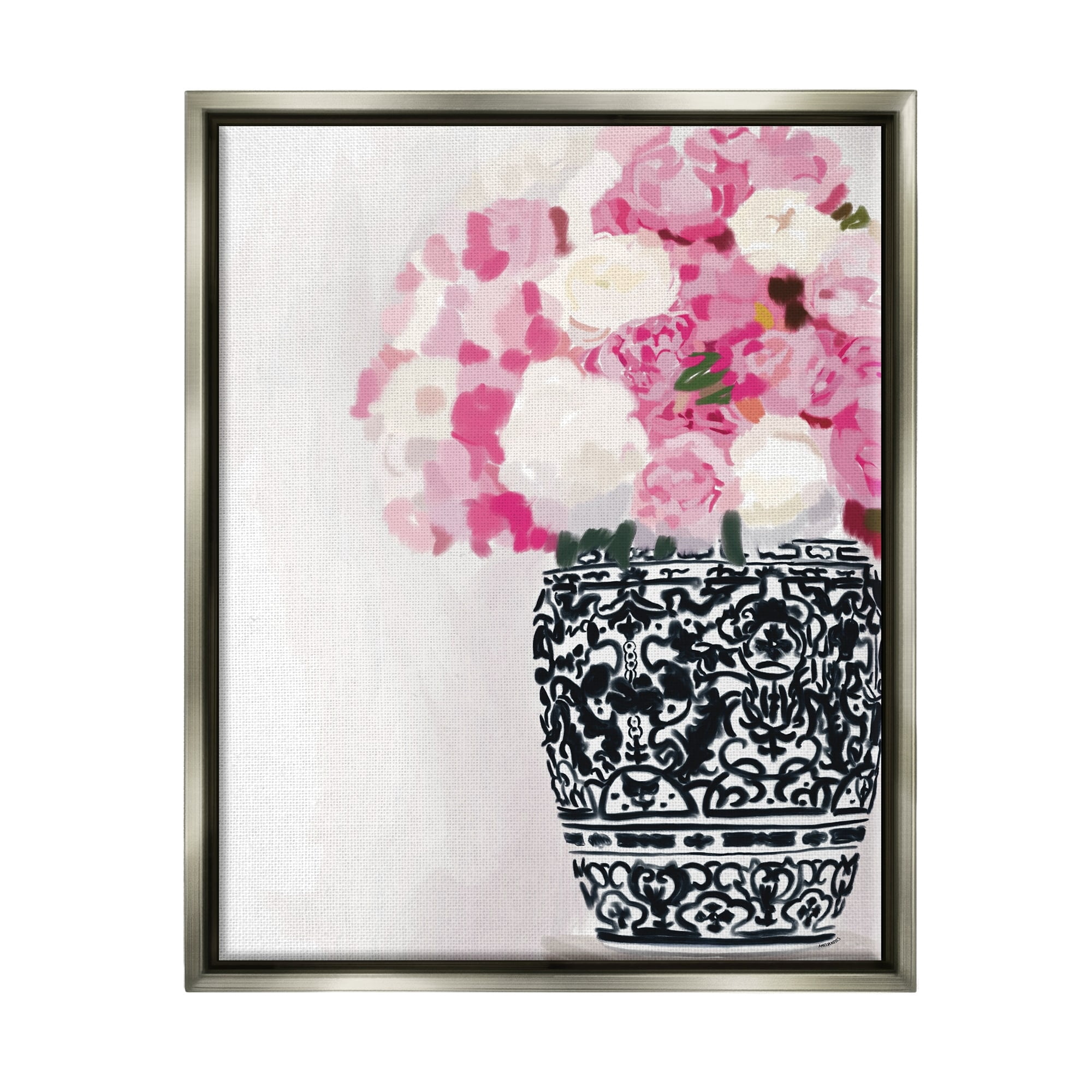 Stupell Industries Soft Pink Carnation Blooms Ornate Pattern Pottery Vase Graphic Art Luster Gray Floating Framed Canvas Print Wall Art, Design by Amelia Noyes