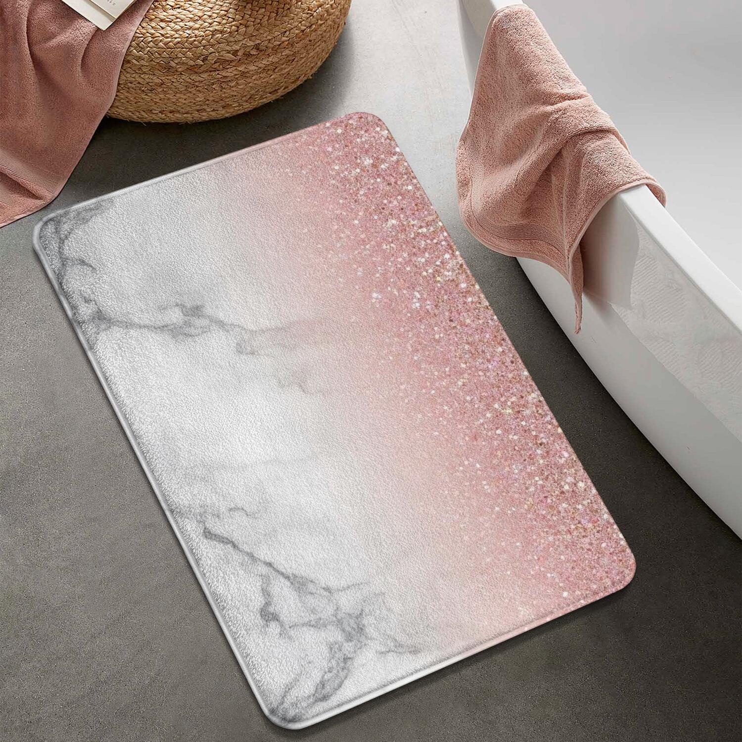 Pink Glitter White Marble Pattern Bathroom Rugs Mat,Non Slip Microfiber Bathroom Rug,Rubber Backing,Soft Bathroom Mats for Bathroom Floor,Tub and Shower,20x32in(50x80cm)