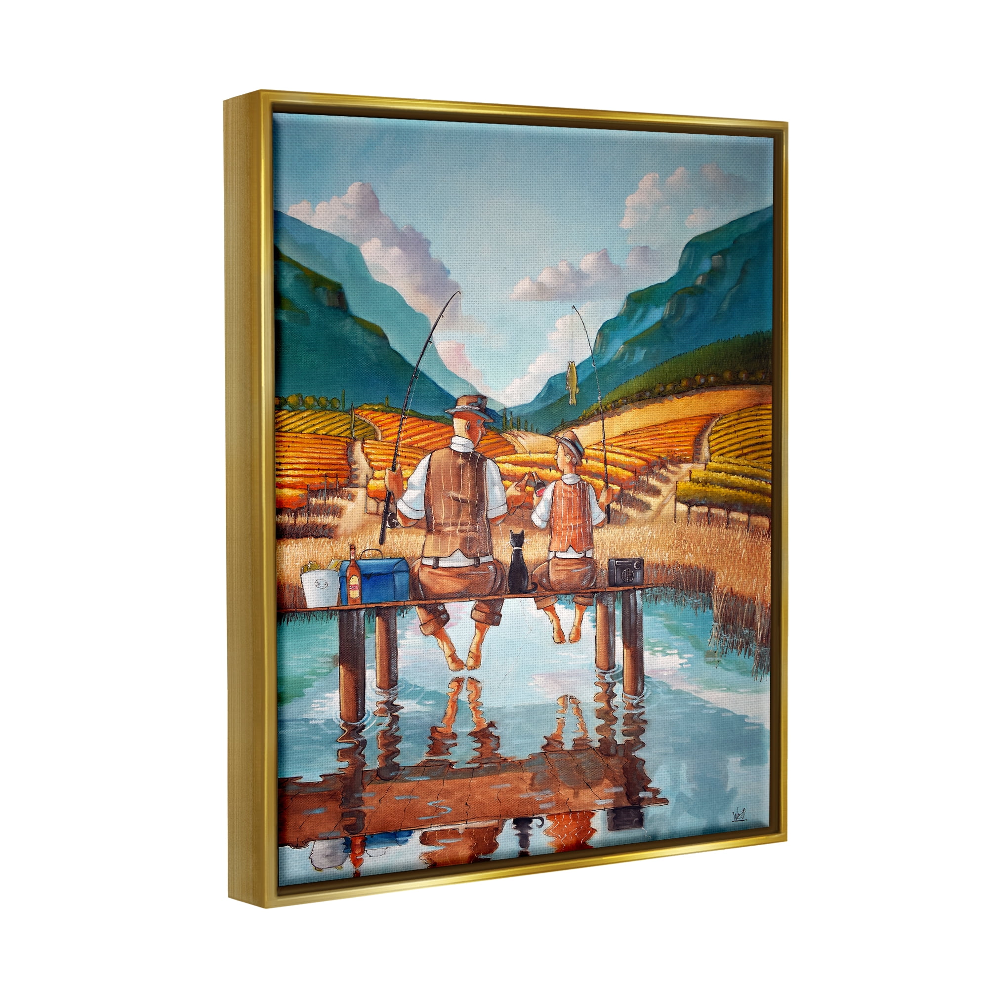 Stupell Fishing Pond Rural Quality Time Landscape Painting Gold Floater Framed Art Print Wall Art