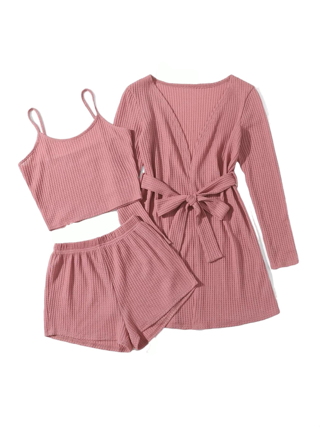 Women's 3 piece Sleepwear Knit Cami Top and Shorts Belted with Robe