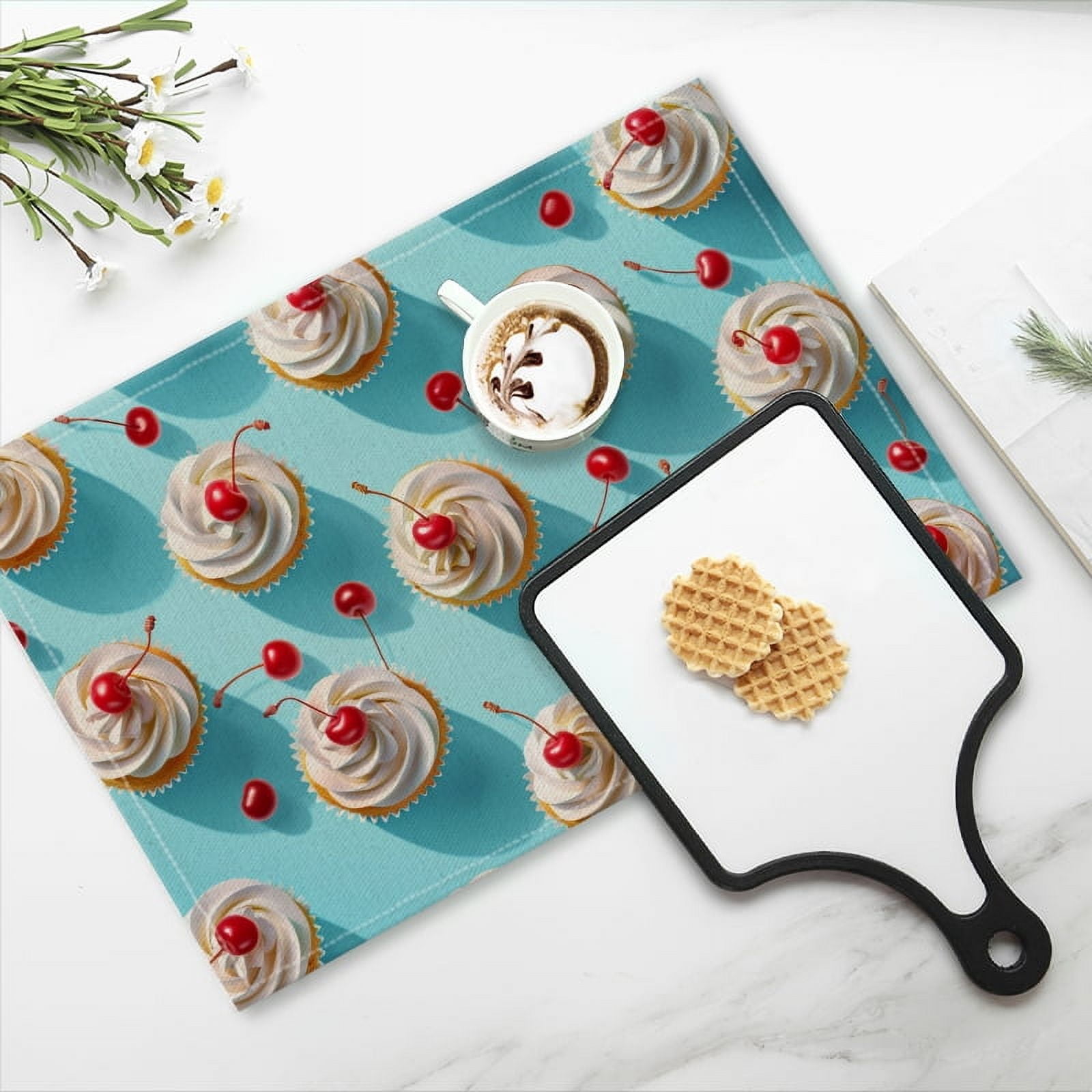 BaHomeck placemats Set of 4 rectangle Linen Cotton Placemats for Dining Table Washable Heat Resistant,18*12inch,Pattern Of Cupcakes With Cream And Cherries On Top