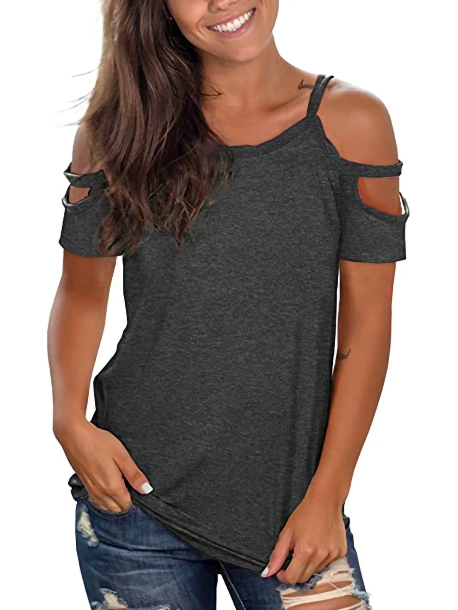 Women's Cold Shoulder Strappy Tunic Tops Loose Zipper V-Neck Tee Summer Casual T-Shirt Fashion Blouses