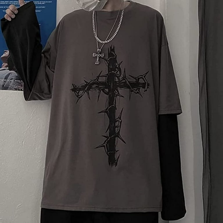 DanceeMangoo Men Women Y2K Skeleton Top Shirts, Crucifix Cross 