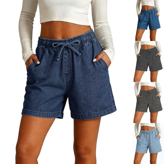 HVOBTTY Women's Summer Straight Leg Demin Shorts Denim with Elastic Dstring Waist and Side Pockets for Casual Wear