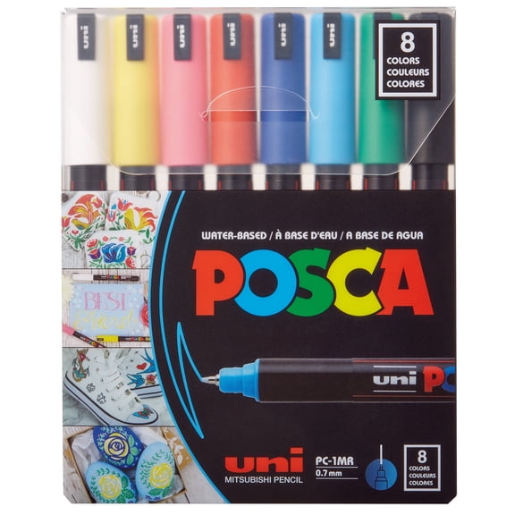 Uni POSCA PC-1MR Water-Based Paint Markers, Extra Fine Tip (0.7mm), Assorted Ink Colors, 8 Count