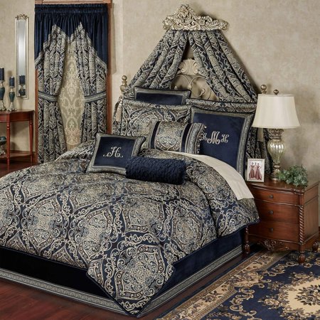 LINGYUAN Traditional Virtuoso - Jacquard Woven - Midnight Blue - Oversized Comforter Set - King - Polyester, Microfiber Back - Fits Mattresses up to 15 Inches - Queen, King, California King