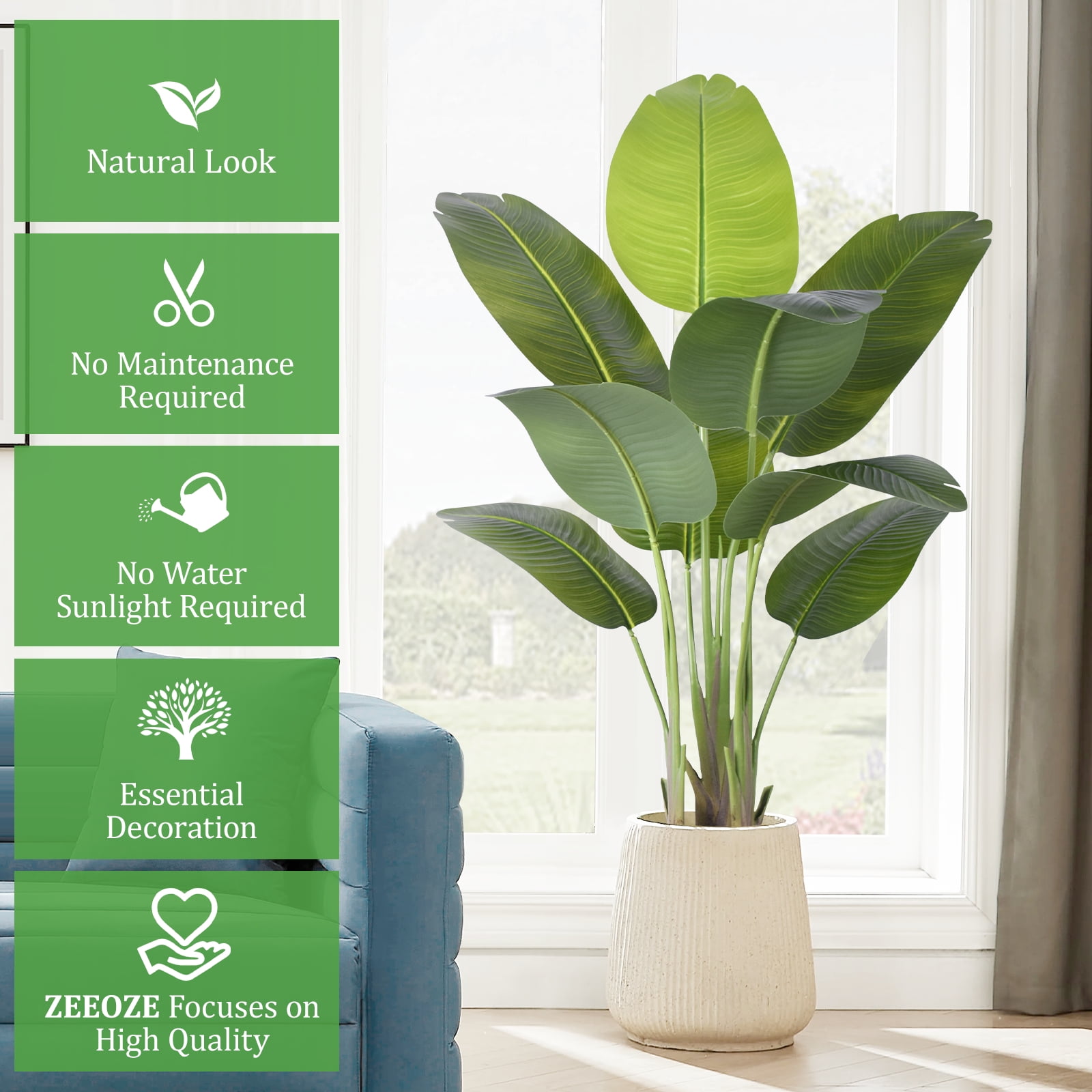 Artificial Bird of Paradise Plant 4Ft Tall Fake Tropical Palm Tree Large Fake Plants with 9 Silk Banana Leaves Faux Plant Indoor Decor Trees with White Pot for Home Bedroom Living Room Office